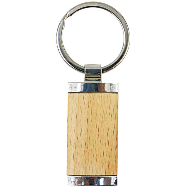 A keyring featuring a wooden rectangular body with shiny silver accents and a metal ring for attachment.
