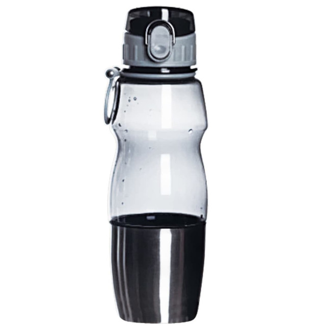 A drink bottle featuring a clear body, grey lid, and a sleek stainless steel base with a carabiner attachment.