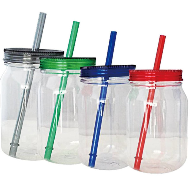 A drink bottle set featuring clear jars with colour-coded lids and straws in silver, green, blue, and red.
