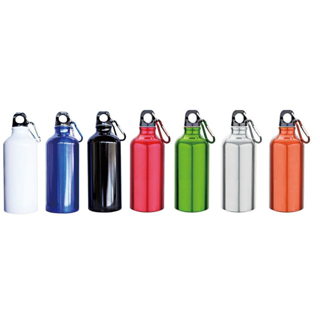 A drink bottle collection featuring white, blue, black, red, green, silver, and orange colours with carabiner clips.