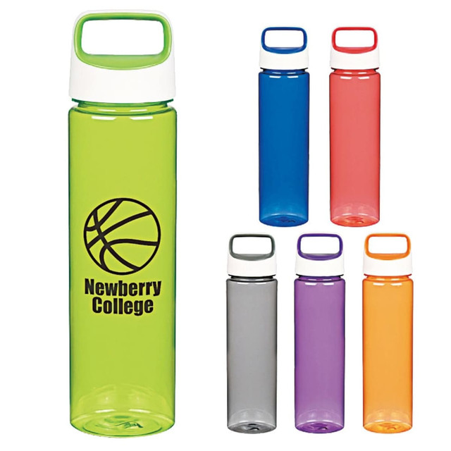 A drink bottle in green with a white lid and various other coloured bottles in red, blue, orange, purple, and grey.
