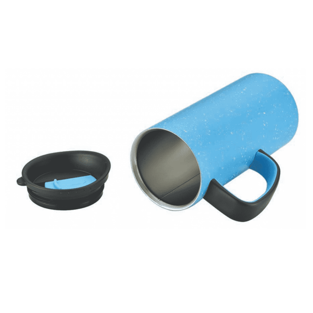 A drink bottle in light blue with a black handle and a removable black lid. Features a stainless steel interior.
