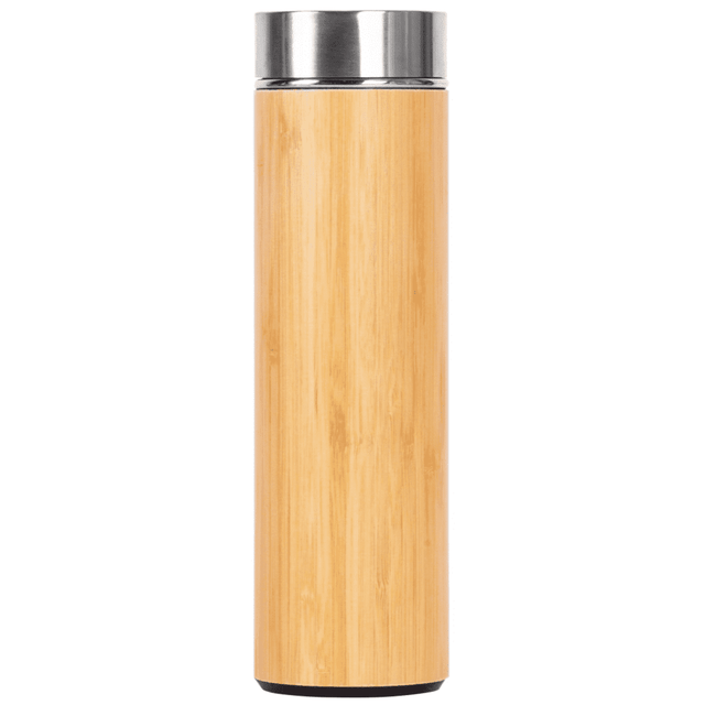 A drink bottle in a bamboo design with a stainless steel top and base, featuring a logo on the side.