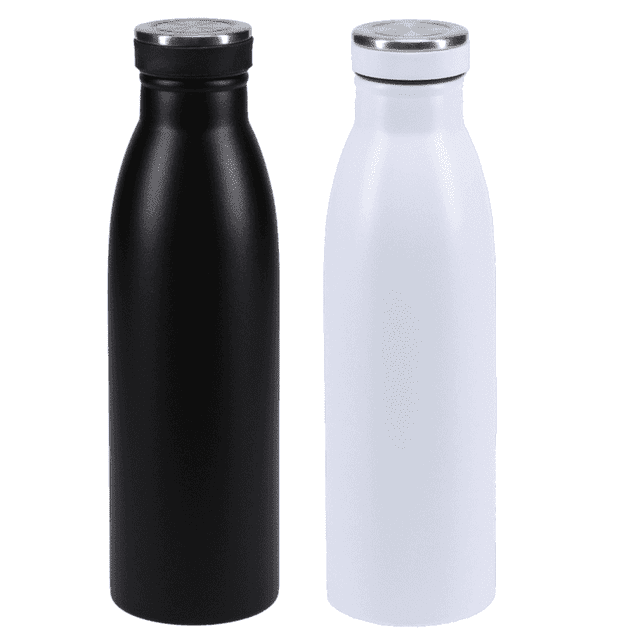 A drink bottle set featuring one black and one white bottle, both with metallic caps and a logo.