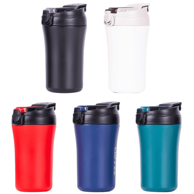 A drink bottle collection featuring black, white, red, navy, and teal travel mugs, each with a locking lid and logo.