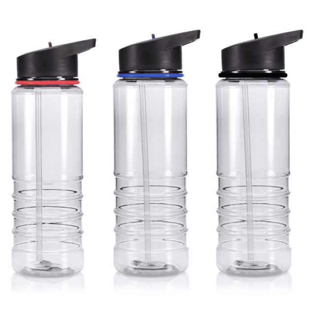 A drink bottle set featuring three clear bottles with black caps, one with a red band, one with a blue band, and one with no band.