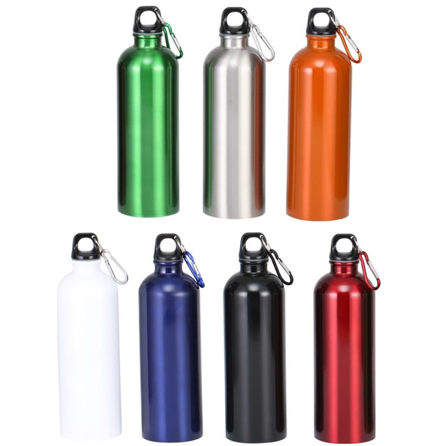 A drink bottle collection featuring green, silver, orange, white, blue, black, and red aluminium designs with a logo.