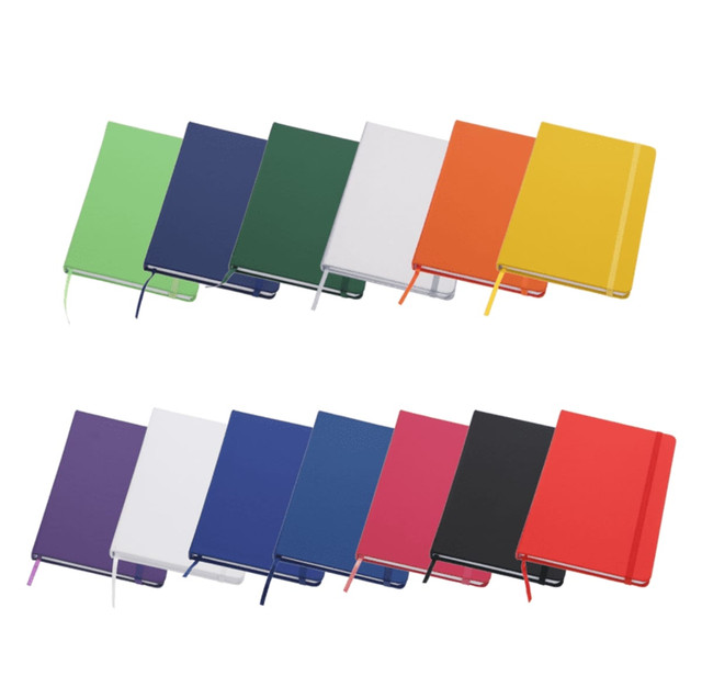 A collection of Koano Notebooks in various colours, including green, blue, orange, and pink, featuring a logo on the cover.