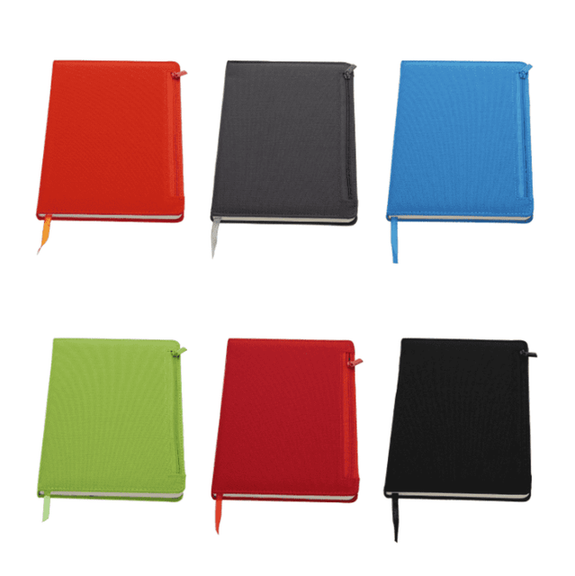 A collection of notebooks in red, grey, blue, green, dark red, and black, featuring a logo and zip closure.