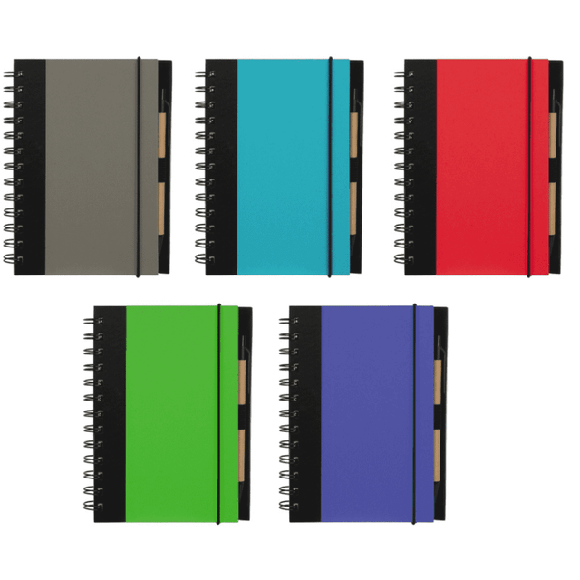 A collection of spiral-bound notebooks in grey, turquoise, red, green, and purple, each with a black cover and branding.