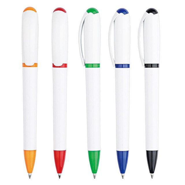 A collection of five plastic pens in white with coloured accents: orange, red, green, blue, and black. Each has a logo.