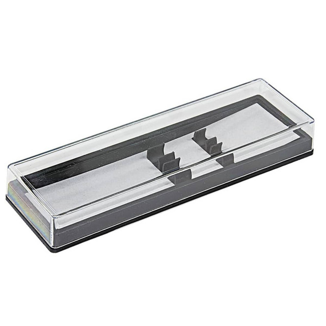 A sleek black pen box with a transparent lid, designed for packaging pens, featuring two compartments inside.