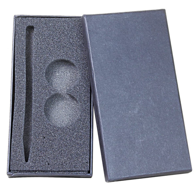 A grey pen box with a textured interior holding a pen and two indentations, featuring a logo on the exterior.