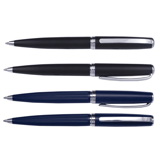 A set of four metal ball pens in black and blue, featuring chrome accents and a textured grip.
