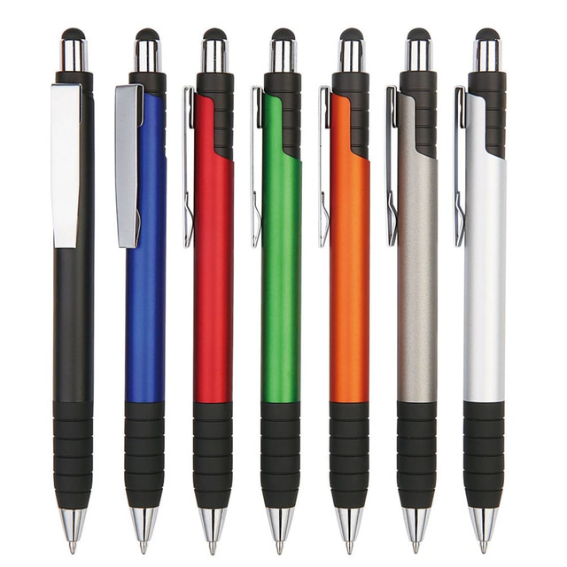 A range of stylus pens in black, blue, green, red, orange, and silver, with rubber grips and metal clips.