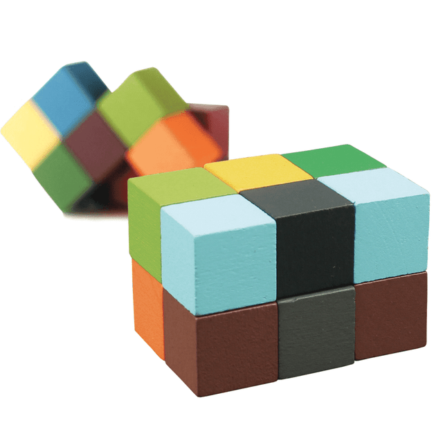 A colourful, geometric block set featuring various shades of blue, green, orange, yellow, brown, and black.