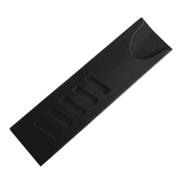 A black pen pouch with a sleek design featuring several slots for holding pens and a curved cutout.