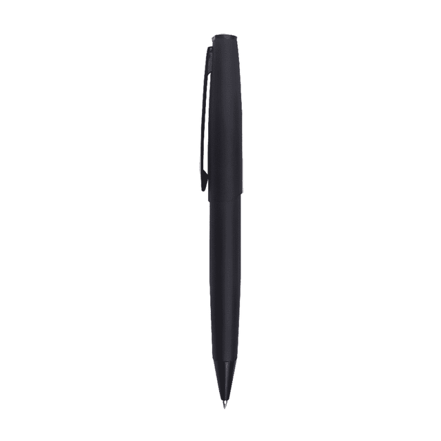 A metal pen in black featuring a sleek design and a clip, displaying a logo.