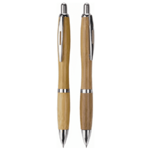 Two metal pens with bamboo barrels and chrome accents, featuring a logo on one side.