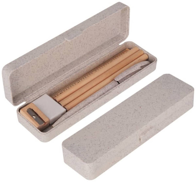 A grey case containing a wooden ruler, pencil, and other writing tools, featuring a simple design and a logo.