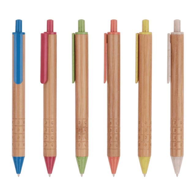 A set of six bamboo pens in various colours: blue, pink, green, orange, yellow, and white, each with a clip and a logo.