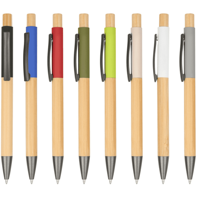 A range of wooden pens in various colours: blue, red, green, light green, beige, white, grey, and black.