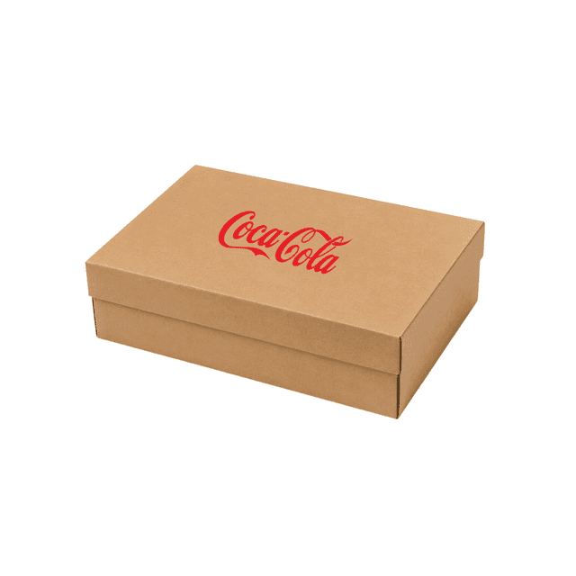 A small natural cardboard gift box in a light brown colour, featuring a Coca-Cola logo.