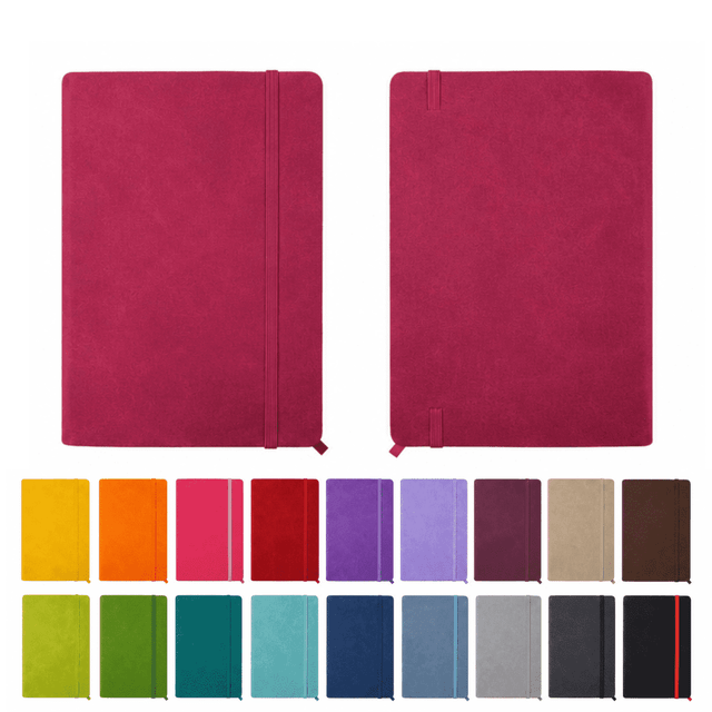 A textured PU hard cover notebook in pink, with additional colour options displayed below. Features an elastic closure.