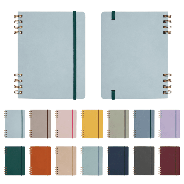 Twin-Spiral PU hardcover notebooks in various pastel and bold colours, featuring a green elastic band and metal spirals.