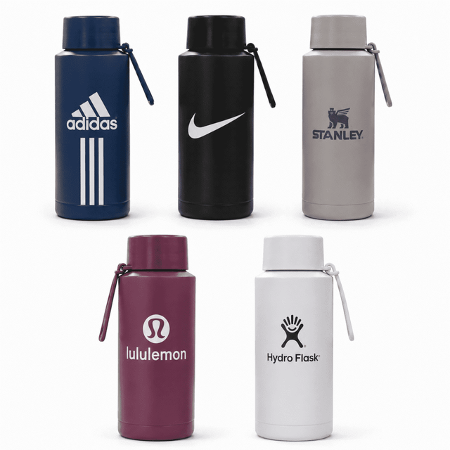 A drink bottle collection featuring various designs in navy blue, black, grey, burgundy, and white, with logos.