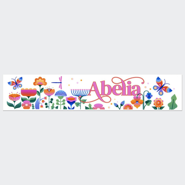A colourful sticker featuring floral designs and butterflies, with a prominent logo in pink.