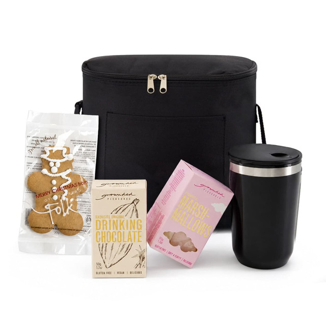 A black cooler bag containing drinking chocolate, gingerbread, marshmallow treats, and a black insulated drink bottle.