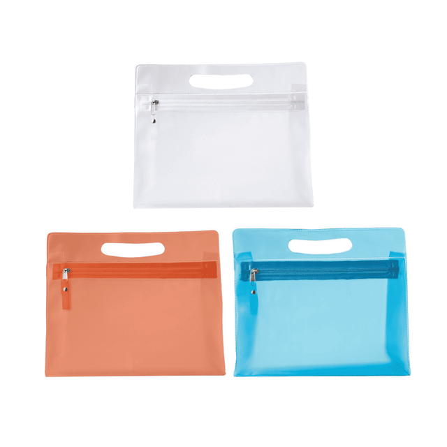Three PVC cosmetic bags in orange, blue, and clear with zippered pockets and handle cutouts. Each bag features a logo.