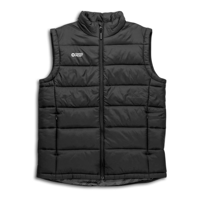 A black unisex puffer vest with a branded logo and a front zip closure.