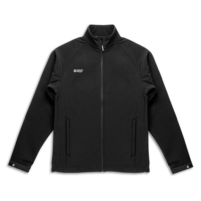 A black unisex softshell jacket featuring a high collar and a logo. The jacket has long sleeves and a front zip.