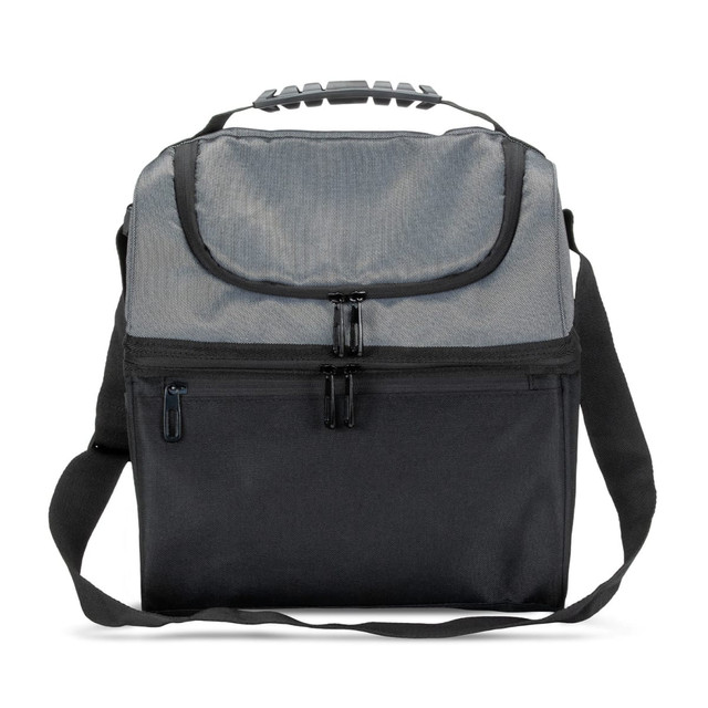 A grey and black cooler bag with a shoulder strap and zippered compartments. The bag features a logo on the front.