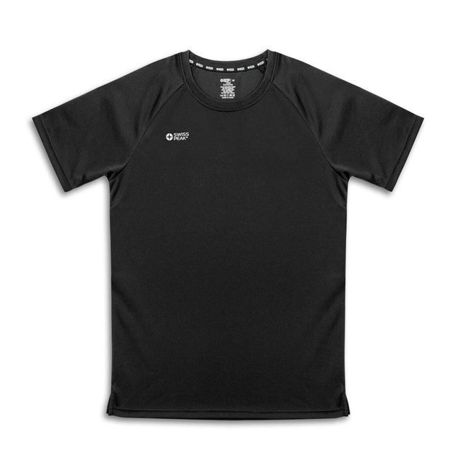 A black unisex t-shirt with short sleeves and a logo on the front. Ideal for casual wear.