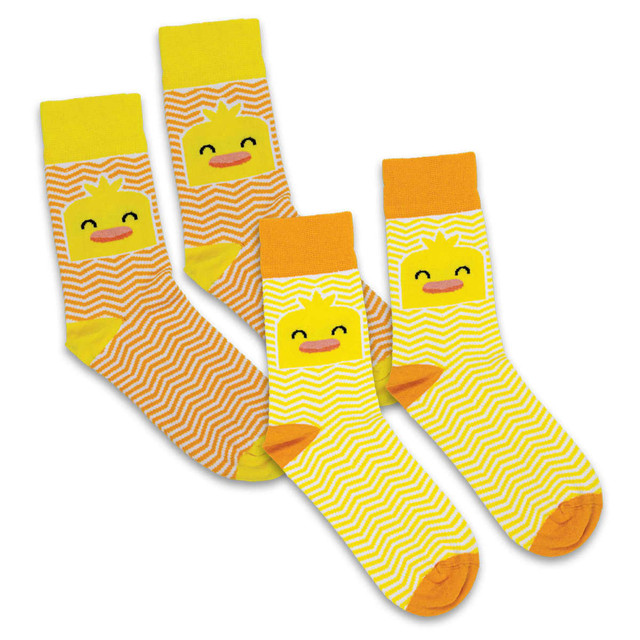 A set of two pairs of brightly coloured socks featuring smiling duck designs in yellow and orange tones.