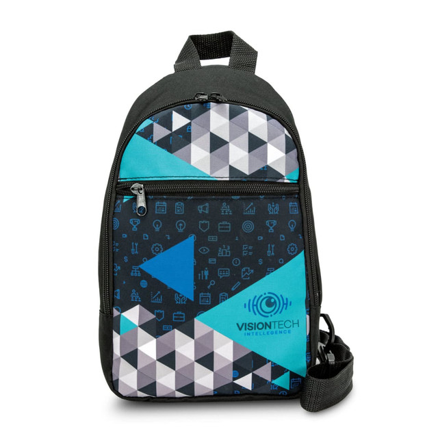 A crossbody bag featuring a geometric pattern in black, blue, and grey, with a logo on the front.