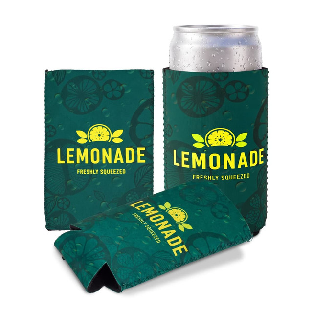 A green can cooler featuring a lemon design, holding a cold can, with a logo and bright yellow text.