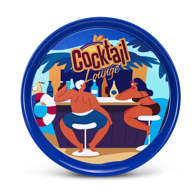 A round blue serving tray featuring a tropical bar scene with two seated figures and various drink bottles.