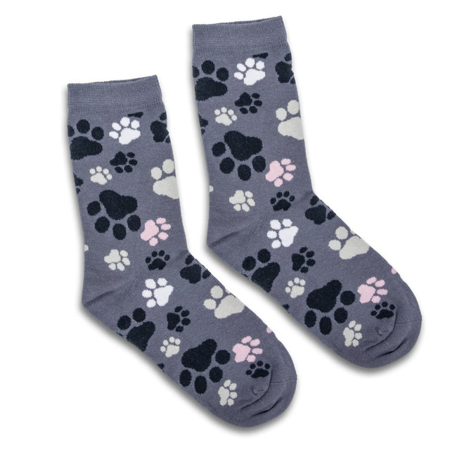 Jolly knitted kids socks featuring a grey background with black, grey, and pink paw prints.