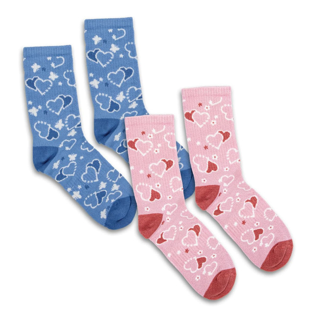 A set of two pairs of children's socks in blue with white hearts and pink with red hearts. Each pair has a contrasting cuff.