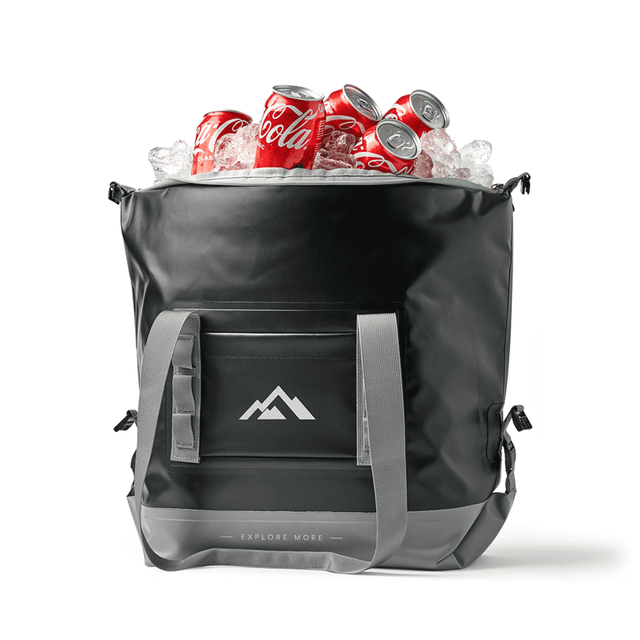 A black foldable cooler bag filled with ice and coke cans, featuring a logo on the front.