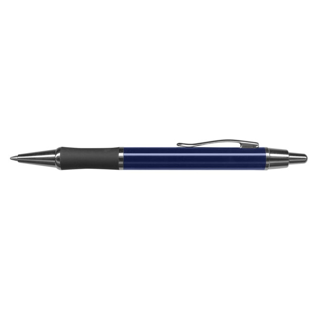 A metal pen with a sleek blue barrel, black grip, and silver accents.