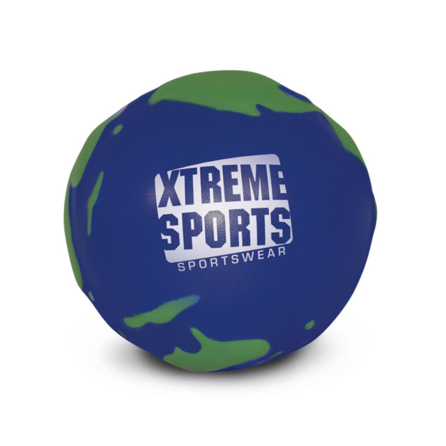 A Stress Globe featuring a blue and green Earth design with the logo "XTREME SPORTS" displayed prominently on one side.
