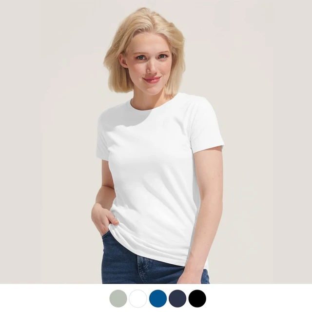 A white women's t-shirt with a round neckline and short sleeves, styled with denim jeans. Includes a branding logo.