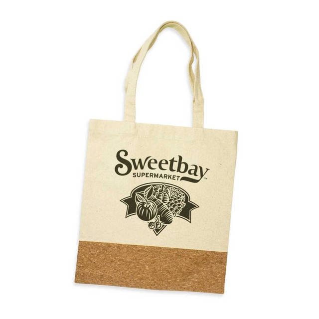 A cream-coloured tote bag with a cork bottom and a logo on the front.