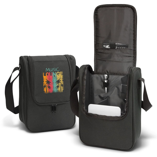 A dark green insulated bag with a zip closure, featuring a logo and compartments for a drink bottle and accessories.