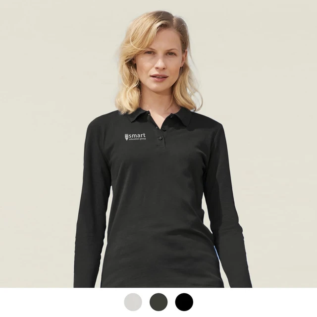 A long sleeve polo shirt in black, worn by a woman, featuring a logo on the left side.